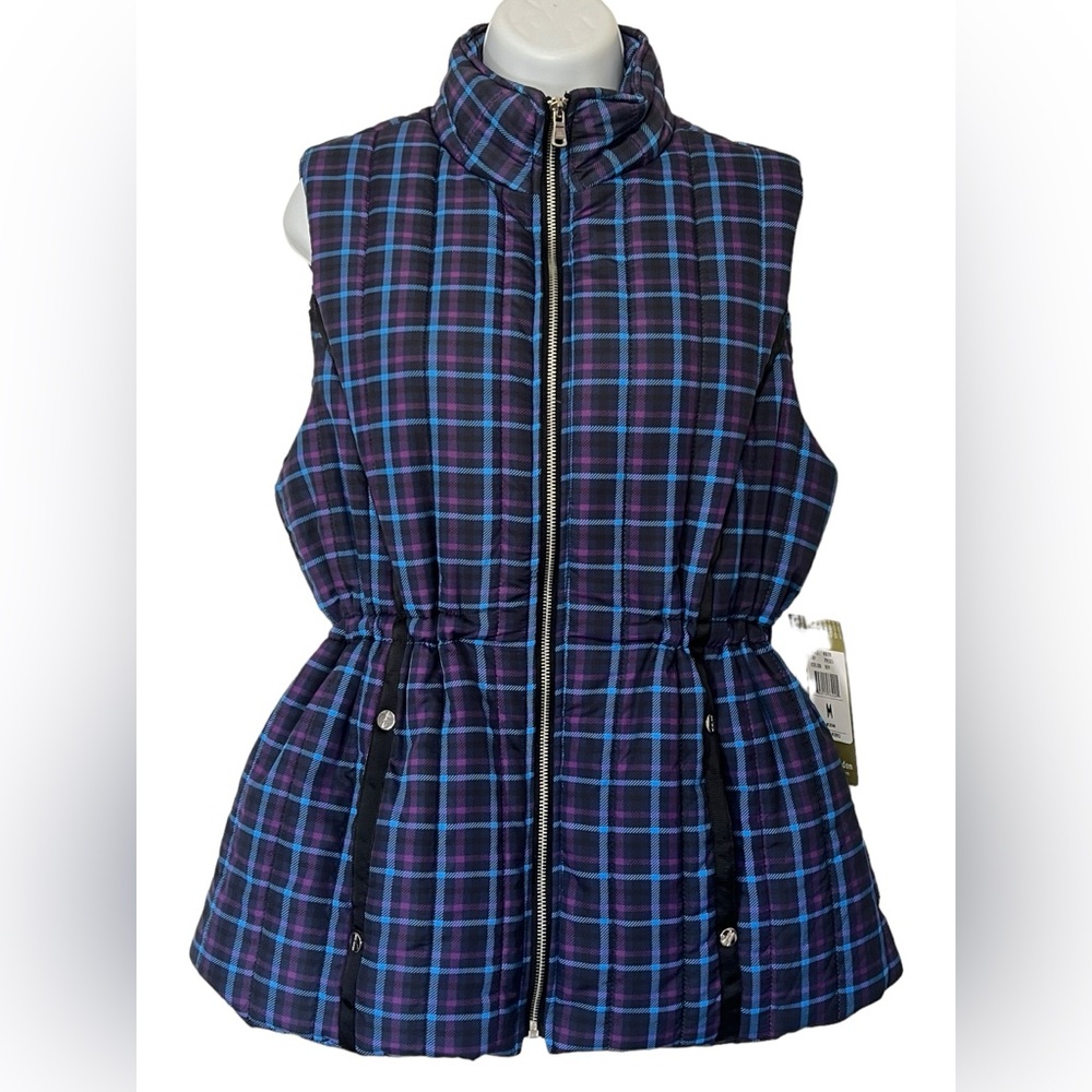 NWT Erin London Puffer Vest Medium Plaid Purple Black Zip Front Adjustable Waist